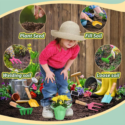 Anzmtosn Kids Metal Garden Tool Set Sand Toy, Rake, Spade, Hoe and Leaf Rake, Beach Shovels Scoop Toy, Essential Toddler Sandbox Kit Beach Gear Accessories Outdoor Gardening, 4 Pack