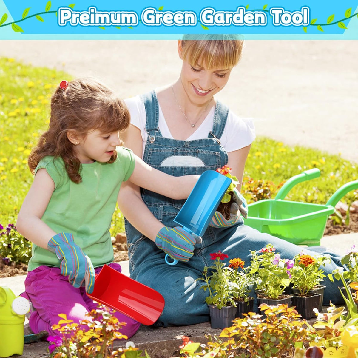 Anzmtosn Kids Metal Garden Tool Set Sand Toy, Rake, Spade, Hoe and Leaf Rake, Beach Shovels Scoop Toy, Essential Toddler Sandbox Kit Beach Gear Accessories Outdoor Gardening, 4 Pack