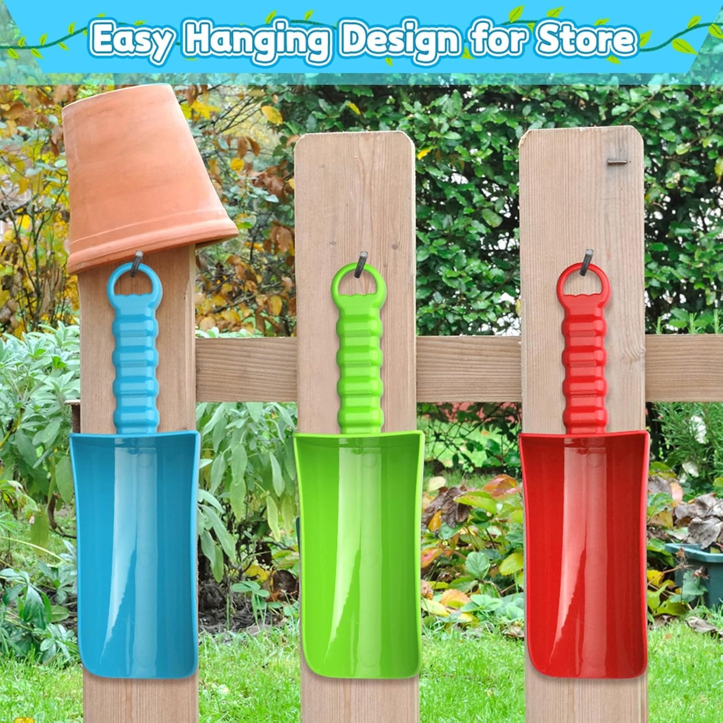 Anzmtosn Kids Metal Garden Tool Set Sand Toy, Rake, Spade, Hoe and Leaf Rake, Beach Shovels Scoop Toy, Essential Toddler Sandbox Kit Beach Gear Accessories Outdoor Gardening, 4 Pack