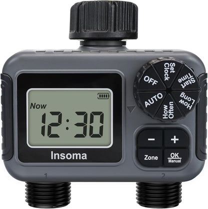 2-Zone Sprinkler Timer, Programmable Garden Hose Timer with Auto/Manual/Rain Delay Modes | Water-Saving Irrigation Controller for Lawn, Yard & Drip Systems | Waterproof Design & Easy Setup