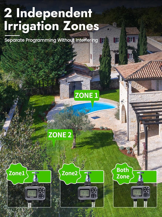 2-Zone Sprinkler Timer, Programmable Garden Hose Timer with Auto/Manual/Rain Delay Modes | Water-Saving Irrigation Controller for Lawn, Yard & Drip Systems | Waterproof Design & Easy Setup
