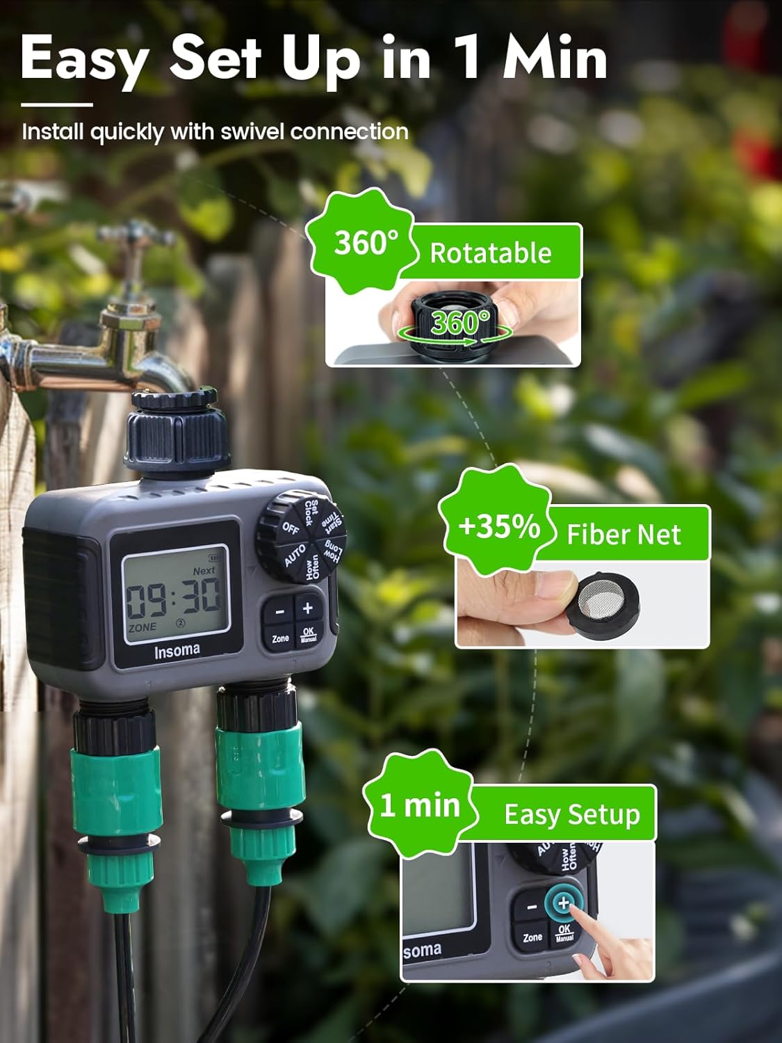2-Zone Sprinkler Timer, Programmable Garden Hose Timer with Auto/Manual/Rain Delay Modes | Water-Saving Irrigation Controller for Lawn, Yard & Drip Systems | Waterproof Design & Easy Setup