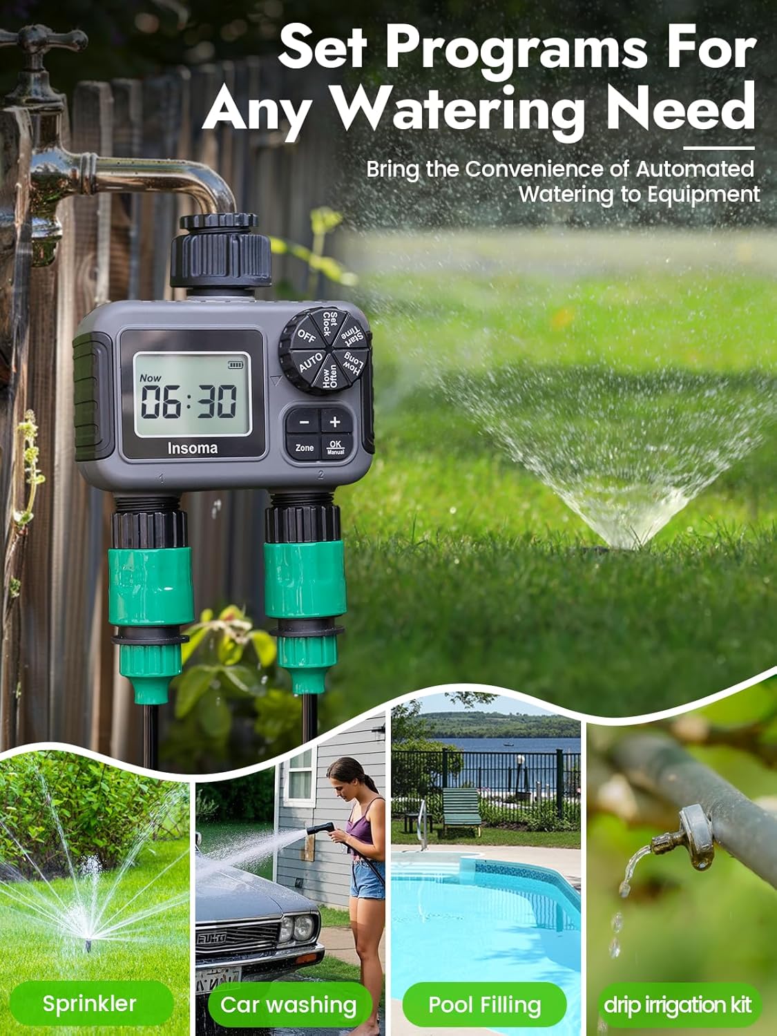 2-Zone Sprinkler Timer, Programmable Garden Hose Timer with Auto/Manual/Rain Delay Modes | Water-Saving Irrigation Controller for Lawn, Yard & Drip Systems | Waterproof Design & Easy Setup