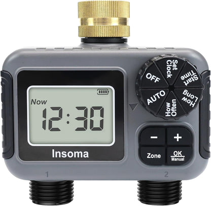 2-Zone Sprinkler Timer, Programmable Garden Hose Timer with Auto/Manual/Rain Delay Modes | Water-Saving Irrigation Controller for Lawn, Yard & Drip Systems | Waterproof Design & Easy Setup