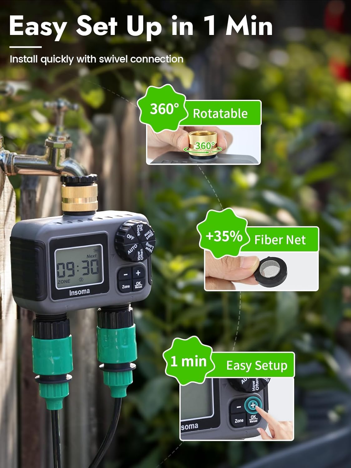 2-Zone Sprinkler Timer, Programmable Garden Hose Timer with Auto/Manual/Rain Delay Modes | Water-Saving Irrigation Controller for Lawn, Yard & Drip Systems | Waterproof Design & Easy Setup