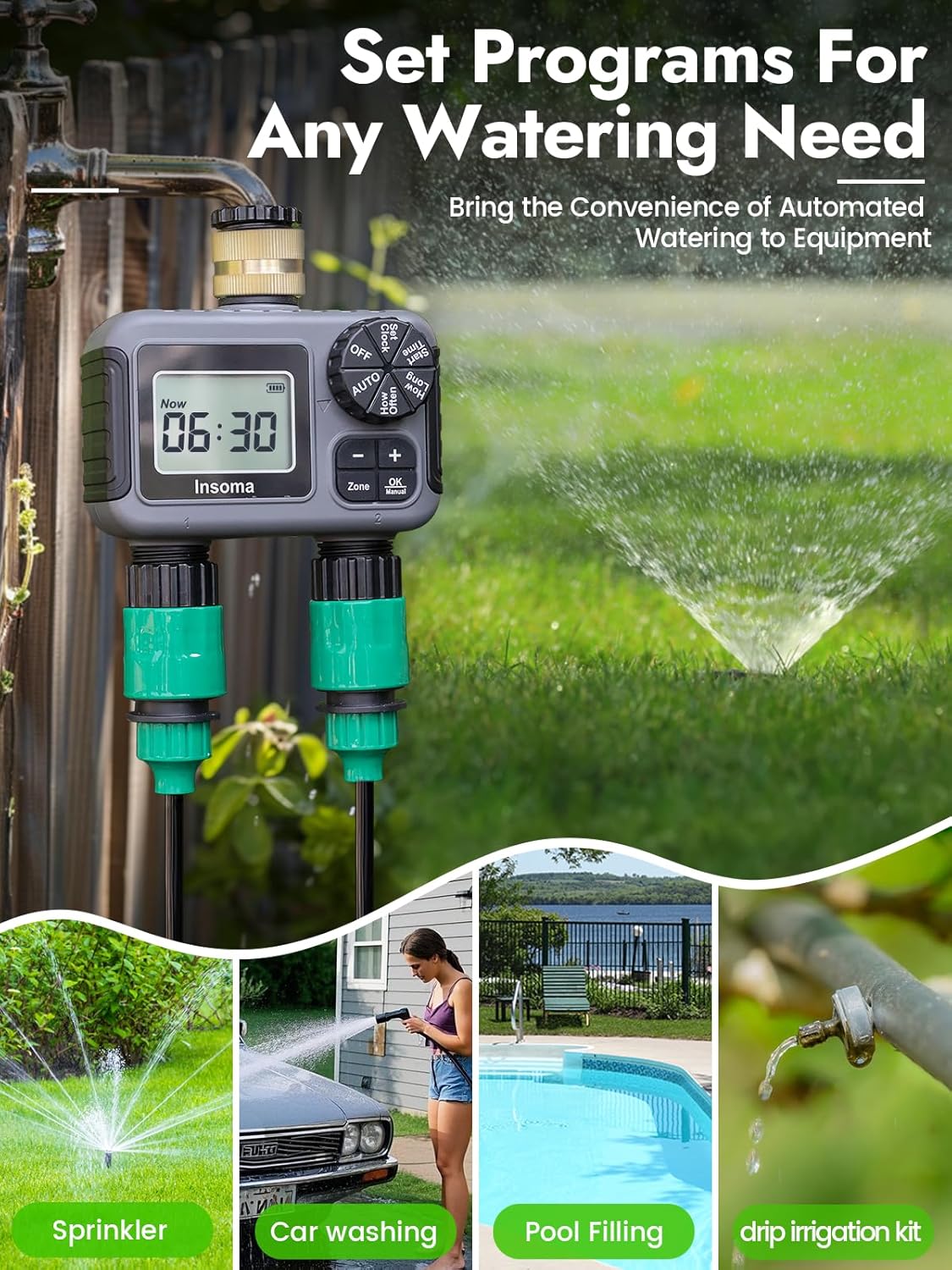 2-Zone Sprinkler Timer, Programmable Garden Hose Timer with Auto/Manual/Rain Delay Modes | Water-Saving Irrigation Controller for Lawn, Yard & Drip Systems | Waterproof Design & Easy Setup