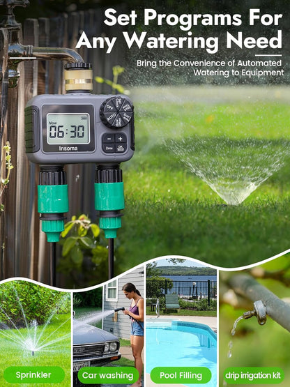 2-Zone Sprinkler Timer, Programmable Garden Hose Timer with Auto/Manual/Rain Delay Modes | Water-Saving Irrigation Controller for Lawn, Yard & Drip Systems | Waterproof Design & Easy Setup