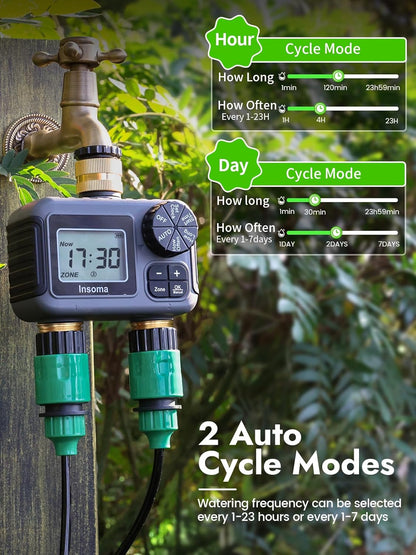 2-Zone Sprinkler Timer, Programmable Garden Hose Timer with Auto/Manual/Rain Delay Modes | Water-Saving Irrigation Controller for Lawn, Yard & Drip Systems | Waterproof Design & Easy Setup