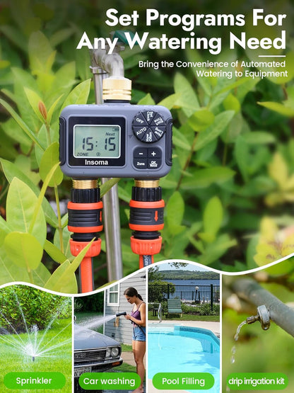 2-Zone Sprinkler Timer, Programmable Garden Hose Timer with Auto/Manual/Rain Delay Modes | Water-Saving Irrigation Controller for Lawn, Yard & Drip Systems | Waterproof Design & Easy Setup