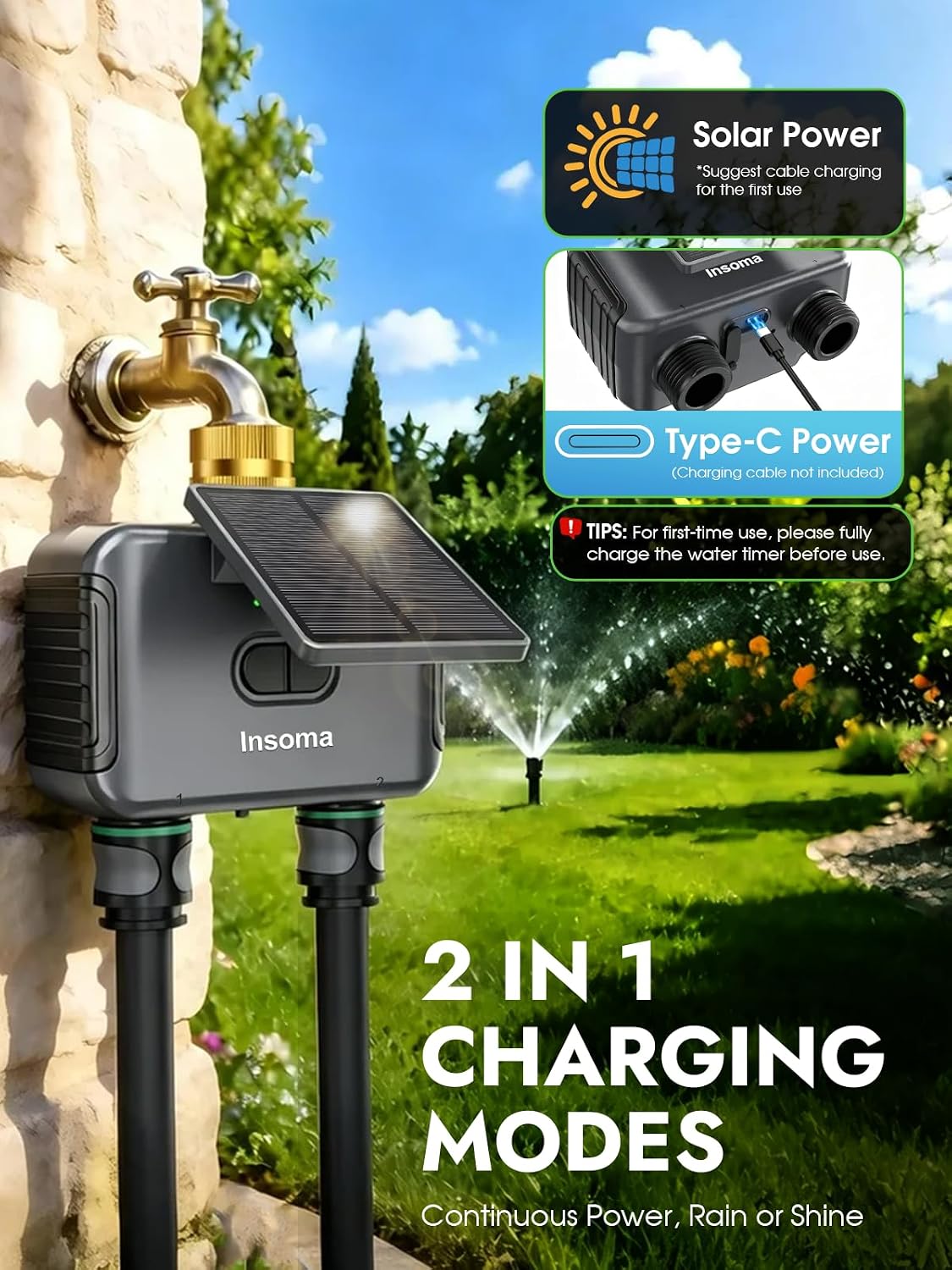 2-Zone Sprinkler Timer, Programmable Garden Hose Timer with Auto/Manual/Rain Delay Modes | Water-Saving Irrigation Controller for Lawn, Yard & Drip Systems | Waterproof Design & Easy Setup