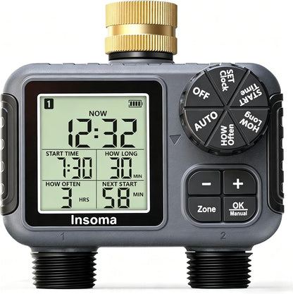 2-Zone Sprinkler Timer, Programmable Garden Hose Timer with Auto/Manual/Rain Delay Modes | Water-Saving Irrigation Controller for Lawn, Yard & Drip Systems | Waterproof Design & Easy Setup