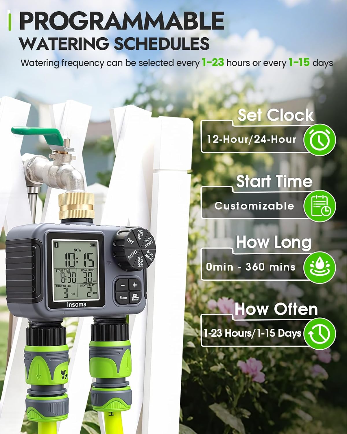 2-Zone Sprinkler Timer, Programmable Garden Hose Timer with Auto/Manual/Rain Delay Modes | Water-Saving Irrigation Controller for Lawn, Yard & Drip Systems | Waterproof Design & Easy Setup