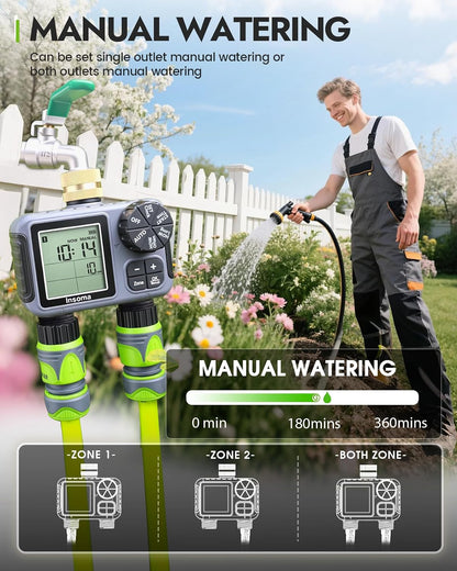 2-Zone Sprinkler Timer, Programmable Garden Hose Timer with Auto/Manual/Rain Delay Modes | Water-Saving Irrigation Controller for Lawn, Yard & Drip Systems | Waterproof Design & Easy Setup