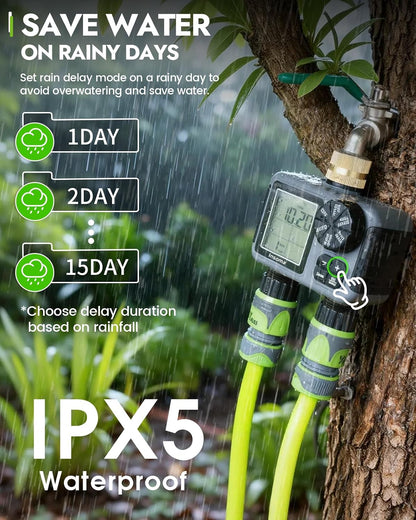 2-Zone Sprinkler Timer, Programmable Garden Hose Timer with Auto/Manual/Rain Delay Modes | Water-Saving Irrigation Controller for Lawn, Yard & Drip Systems | Waterproof Design & Easy Setup