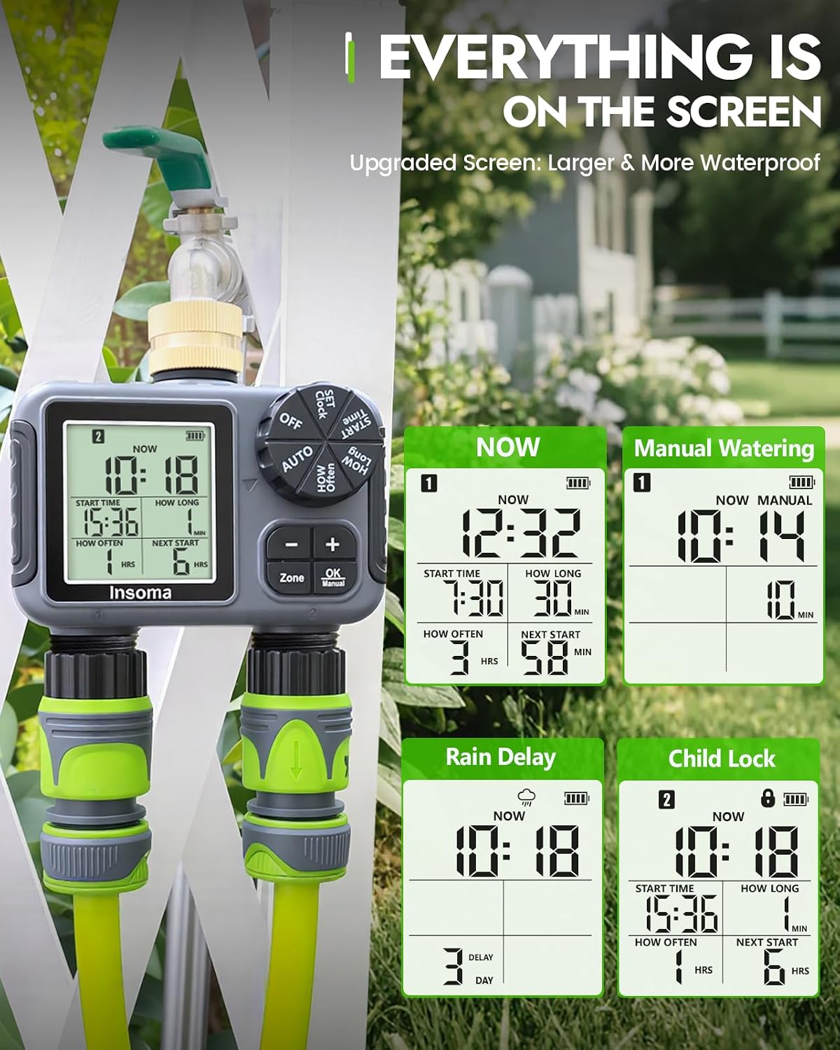 2-Zone Sprinkler Timer, Programmable Garden Hose Timer with Auto/Manual/Rain Delay Modes | Water-Saving Irrigation Controller for Lawn, Yard & Drip Systems | Waterproof Design & Easy Setup