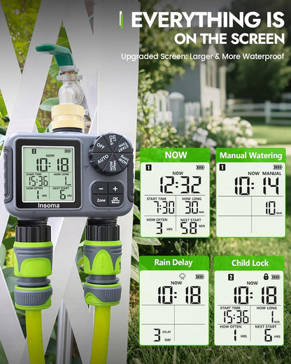 2-Zone Sprinkler Timer, Programmable Garden Hose Timer with Auto/Manual/Rain Delay Modes | Water-Saving Irrigation Controller for Lawn, Yard & Drip Systems | Waterproof Design & Easy Setup