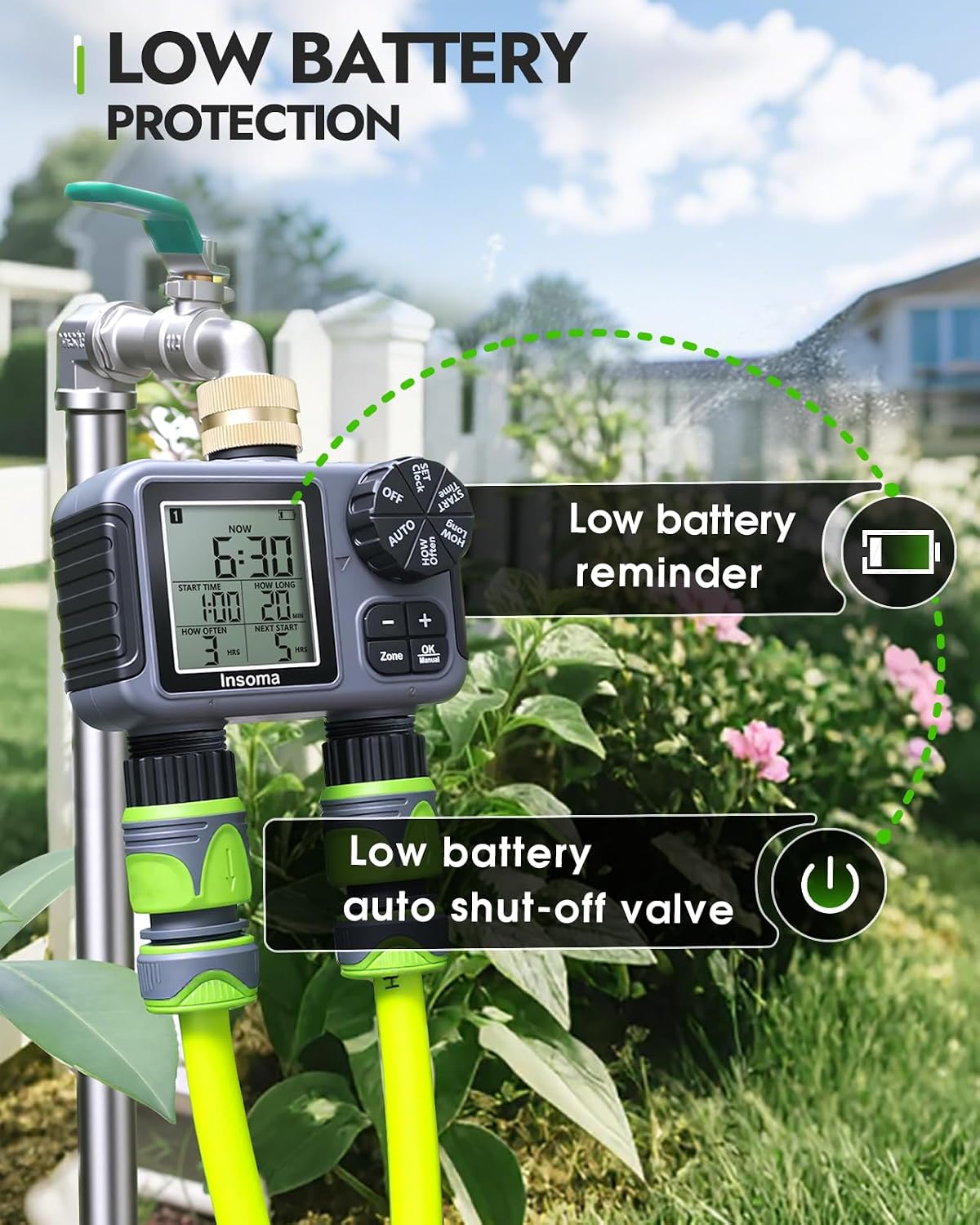 2-Zone Sprinkler Timer, Programmable Garden Hose Timer with Auto/Manual/Rain Delay Modes | Water-Saving Irrigation Controller for Lawn, Yard & Drip Systems | Waterproof Design & Easy Setup