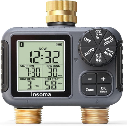 2-Zone Sprinkler Timer, Programmable Garden Hose Timer with Auto/Manual/Rain Delay Modes | Water-Saving Irrigation Controller for Lawn, Yard & Drip Systems | Waterproof Design & Easy Setup