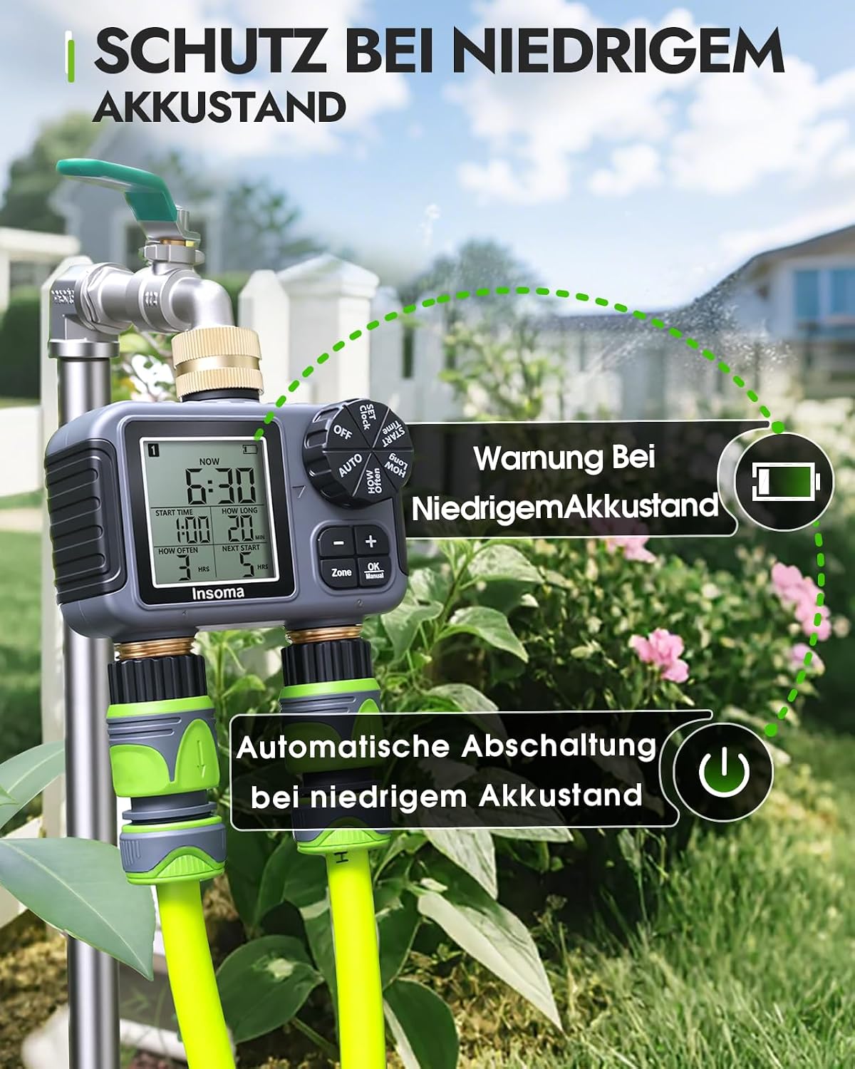 2-Zone Sprinkler Timer, Programmable Garden Hose Timer with Auto/Manual/Rain Delay Modes | Water-Saving Irrigation Controller for Lawn, Yard & Drip Systems | Waterproof Design & Easy Setup