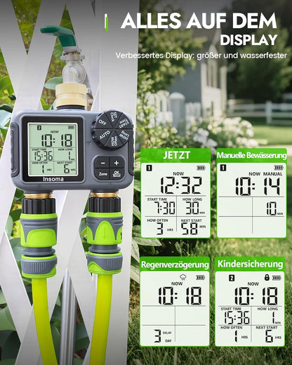 2-Zone Sprinkler Timer, Programmable Garden Hose Timer with Auto/Manual/Rain Delay Modes | Water-Saving Irrigation Controller for Lawn, Yard & Drip Systems | Waterproof Design & Easy Setup