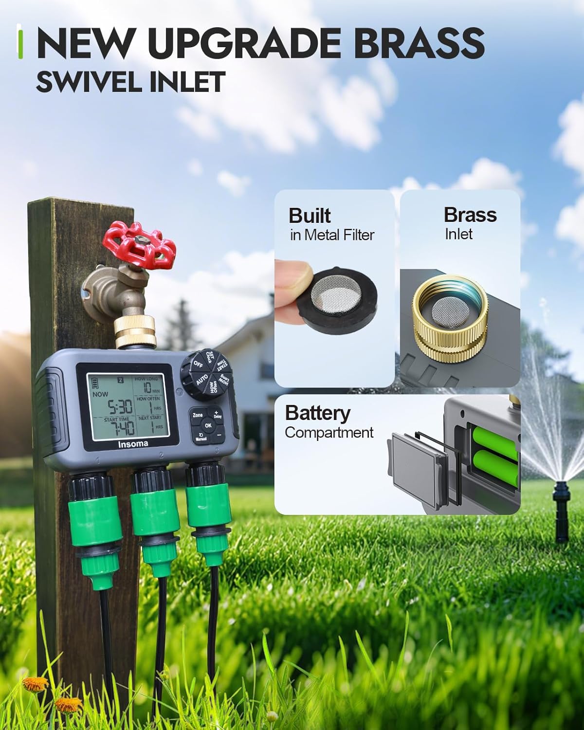 2-Zone Sprinkler Timer, Programmable Garden Hose Timer with Auto/Manual/Rain Delay Modes | Water-Saving Irrigation Controller for Lawn, Yard & Drip Systems | Waterproof Design & Easy Setup