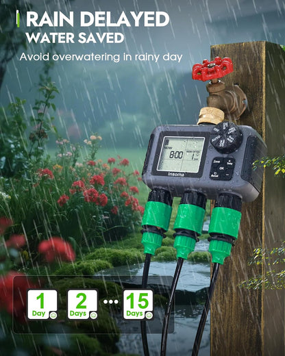 2-Zone Sprinkler Timer, Programmable Garden Hose Timer with Auto/Manual/Rain Delay Modes | Water-Saving Irrigation Controller for Lawn, Yard & Drip Systems | Waterproof Design & Easy Setup