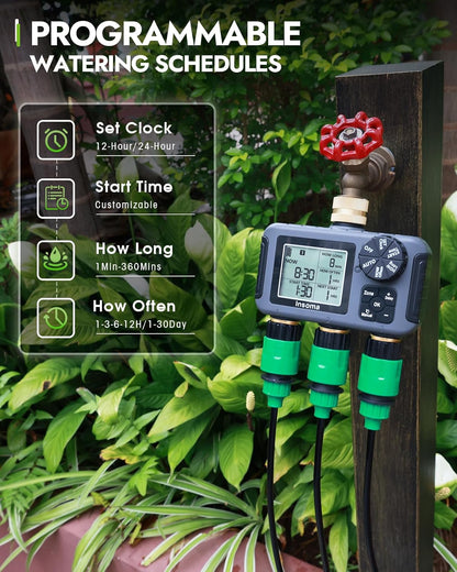 2-Zone Sprinkler Timer, Programmable Garden Hose Timer with Auto/Manual/Rain Delay Modes | Water-Saving Irrigation Controller for Lawn, Yard & Drip Systems | Waterproof Design & Easy Setup