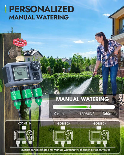 2-Zone Sprinkler Timer, Programmable Garden Hose Timer with Auto/Manual/Rain Delay Modes | Water-Saving Irrigation Controller for Lawn, Yard & Drip Systems | Waterproof Design & Easy Setup