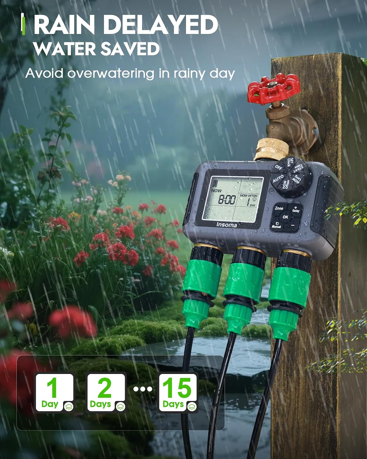 2-Zone Sprinkler Timer, Programmable Garden Hose Timer with Auto/Manual/Rain Delay Modes | Water-Saving Irrigation Controller for Lawn, Yard & Drip Systems | Waterproof Design & Easy Setup