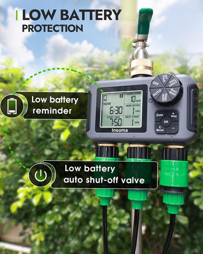 2-Zone Sprinkler Timer, Programmable Garden Hose Timer with Auto/Manual/Rain Delay Modes | Water-Saving Irrigation Controller for Lawn, Yard & Drip Systems | Waterproof Design & Easy Setup