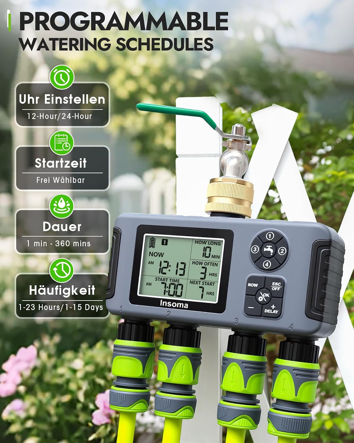 2-Zone Sprinkler Timer, Programmable Garden Hose Timer with Auto/Manual/Rain Delay Modes | Water-Saving Irrigation Controller for Lawn, Yard & Drip Systems | Waterproof Design & Easy Setup