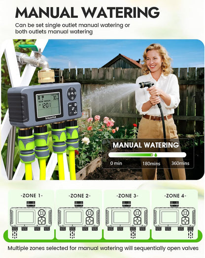 2-Zone Sprinkler Timer, Programmable Garden Hose Timer with Auto/Manual/Rain Delay Modes | Water-Saving Irrigation Controller for Lawn, Yard & Drip Systems | Waterproof Design & Easy Setup
