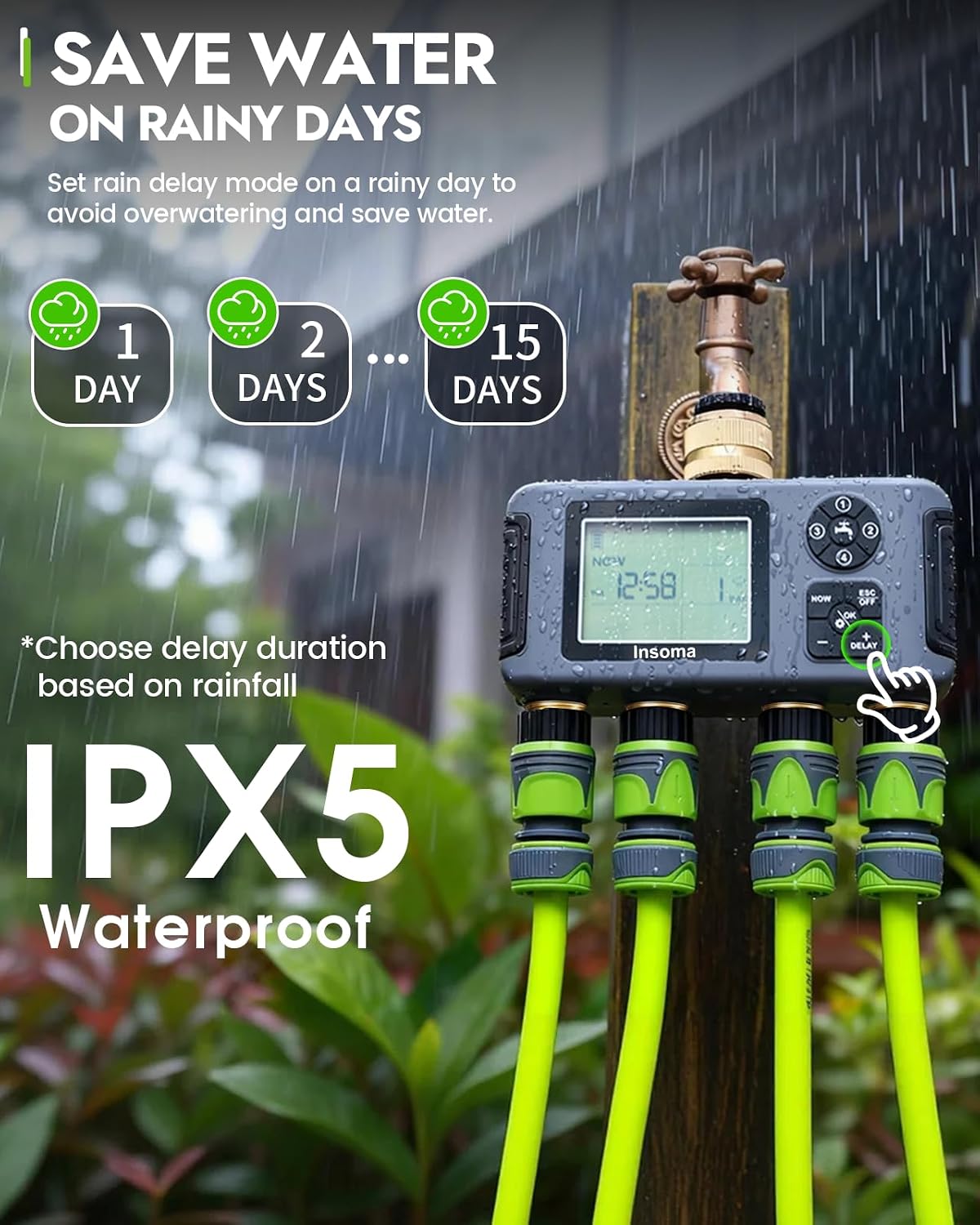 2-Zone Sprinkler Timer, Programmable Garden Hose Timer with Auto/Manual/Rain Delay Modes | Water-Saving Irrigation Controller for Lawn, Yard & Drip Systems | Waterproof Design & Easy Setup