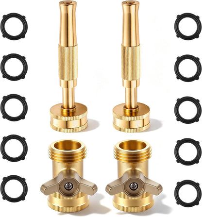 2 Set Garden Brass Hose Nozzle Kit, Heavy Duty Adjustable Dial Hoses Nozzle, Jet High Pressure Water Sprayer, Upgraded Wing Handle Hose Shut Off Valve, 3/4" GHT Connector, Extra 10 Rubber Washers
