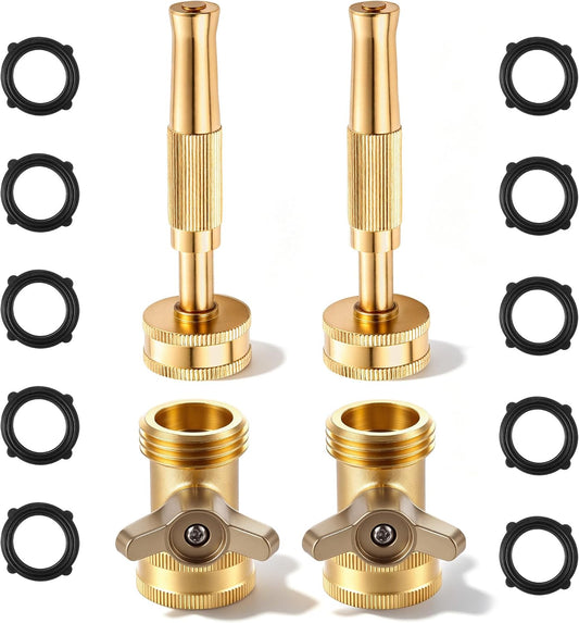2 Set Garden Brass Hose Nozzle Kit, Heavy Duty Adjustable Dial Hoses Nozzle, Jet High Pressure Water Sprayer, Upgraded Wing Handle Hose Shut Off Valve, 3/4" GHT Connector, Extra 10 Rubber Washers