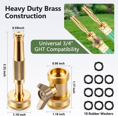 2 Set Garden Brass Hose Nozzle Kit, Heavy Duty Adjustable Dial Hoses Nozzle, Jet High Pressure Water Sprayer, Upgraded Wing Handle Hose Shut Off Valve, 3/4" GHT Connector, Extra 10 Rubber Washers