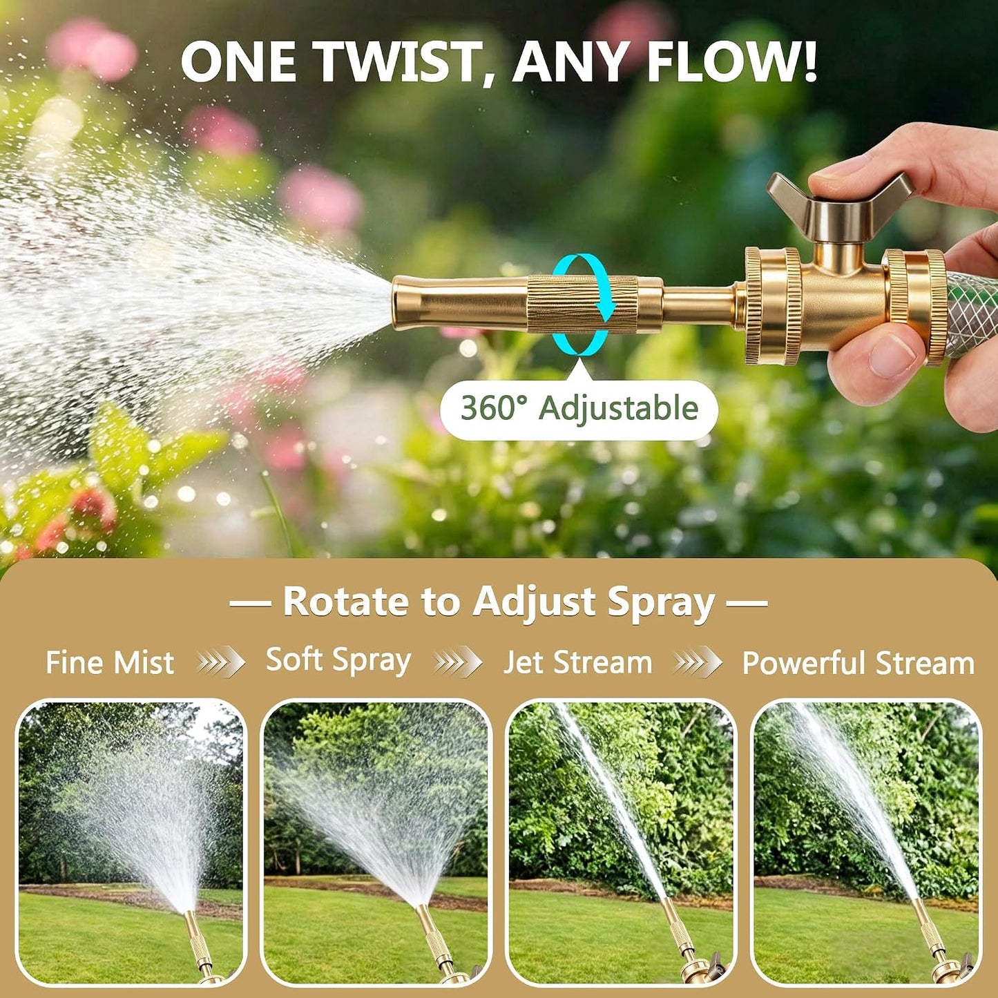 2 Set Garden Brass Hose Nozzle Kit, Heavy Duty Adjustable Dial Hoses Nozzle, Jet High Pressure Water Sprayer, Upgraded Wing Handle Hose Shut Off Valve, 3/4" GHT Connector, Extra 10 Rubber Washers