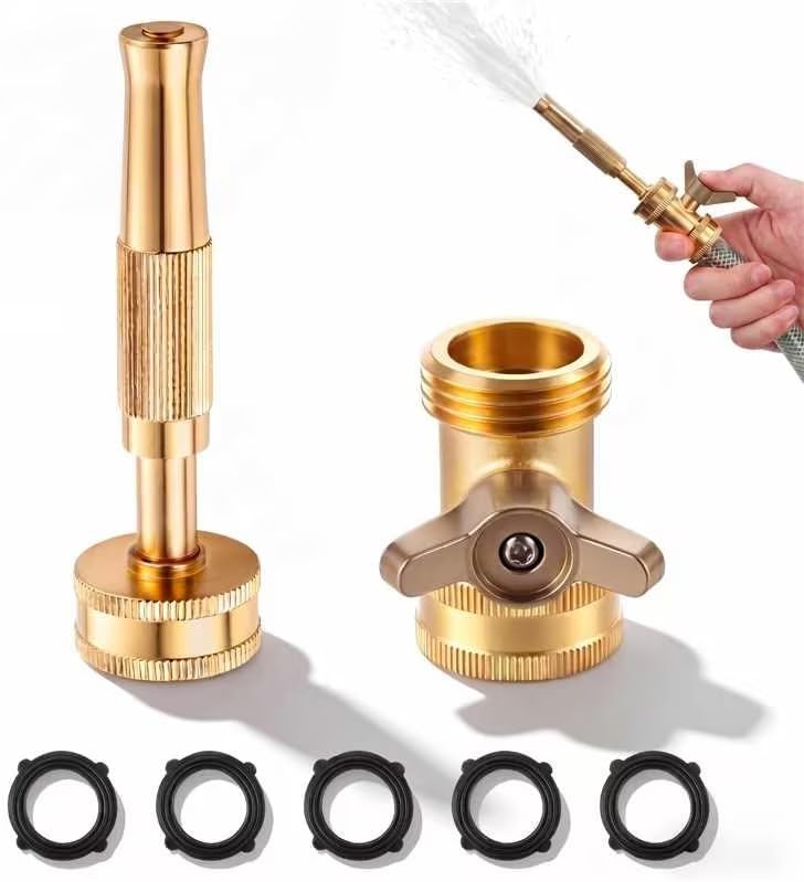 2 Set Garden Brass Hose Nozzle Kit, Heavy Duty Adjustable Dial Hoses Nozzle, Jet High Pressure Water Sprayer, Upgraded Wing Handle Hose Shut Off Valve, 3/4" GHT Connector, Extra 10 Rubber Washers