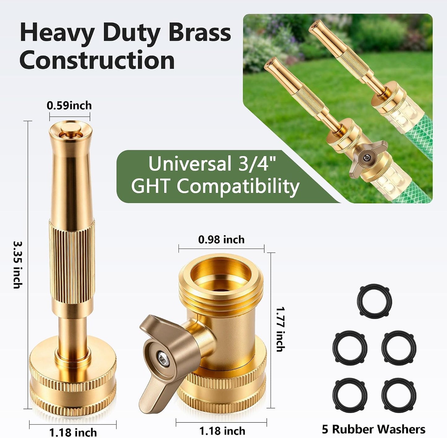 2 Set Garden Brass Hose Nozzle Kit, Heavy Duty Adjustable Dial Hoses Nozzle, Jet High Pressure Water Sprayer, Upgraded Wing Handle Hose Shut Off Valve, 3/4" GHT Connector, Extra 10 Rubber Washers