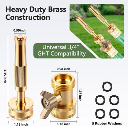 2 Set Garden Brass Hose Nozzle Kit, Heavy Duty Adjustable Dial Hoses Nozzle, Jet High Pressure Water Sprayer, Upgraded Wing Handle Hose Shut Off Valve, 3/4" GHT Connector, Extra 10 Rubber Washers