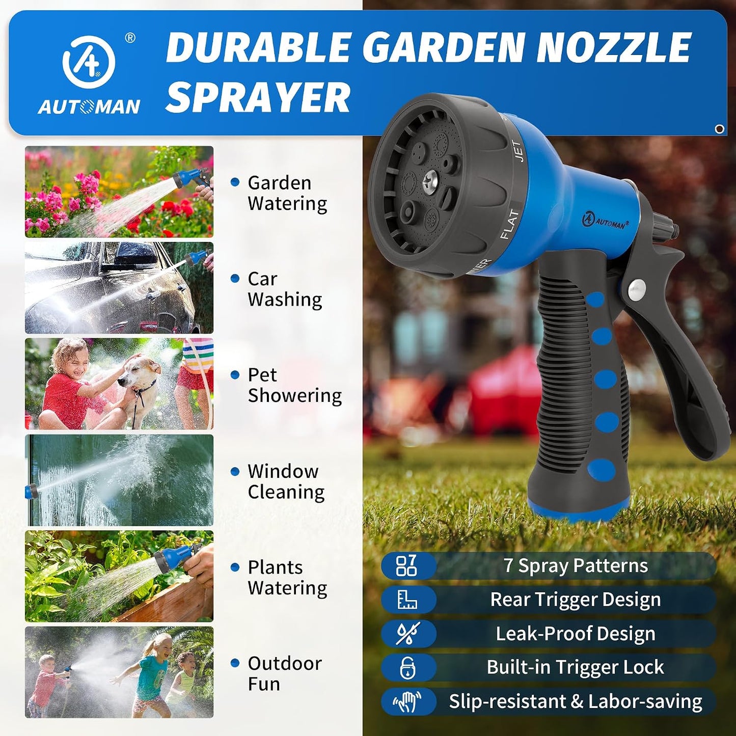 Garden Hose Nozzle 2PK, ABS Water Spray Nozzle with 7 Adjustable Patterns, Slip Resistant for Watering Plants, Lawn, Garden, Washing Cars, Cleaning, Showering Pets & Outdoor Fun