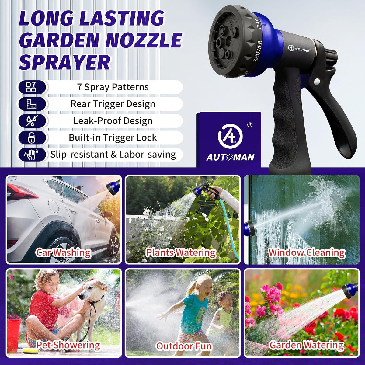 Garden Hose Nozzle 2PK, ABS Water Spray Nozzle with 7 Adjustable Patterns, Slip Resistant for Watering Plants, Lawn, Garden, Washing Cars, Cleaning, Showering Pets & Outdoor Fun
