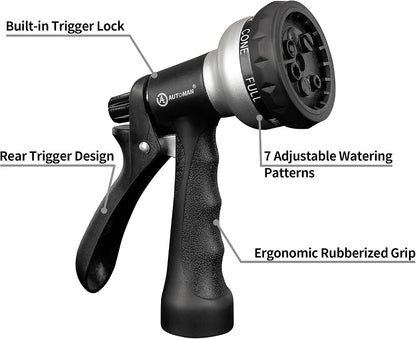 Garden Hose Nozzle 2PK, ABS Water Spray Nozzle with 7 Adjustable Patterns, Slip Resistant for Watering Plants, Lawn, Garden, Washing Cars, Cleaning, Showering Pets & Outdoor Fun