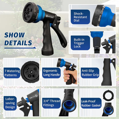 Garden Hose Nozzle 2PK, ABS Water Spray Nozzle with 7 Adjustable Patterns, Slip Resistant for Watering Plants, Lawn, Garden, Washing Cars, Cleaning, Showering Pets & Outdoor Fun