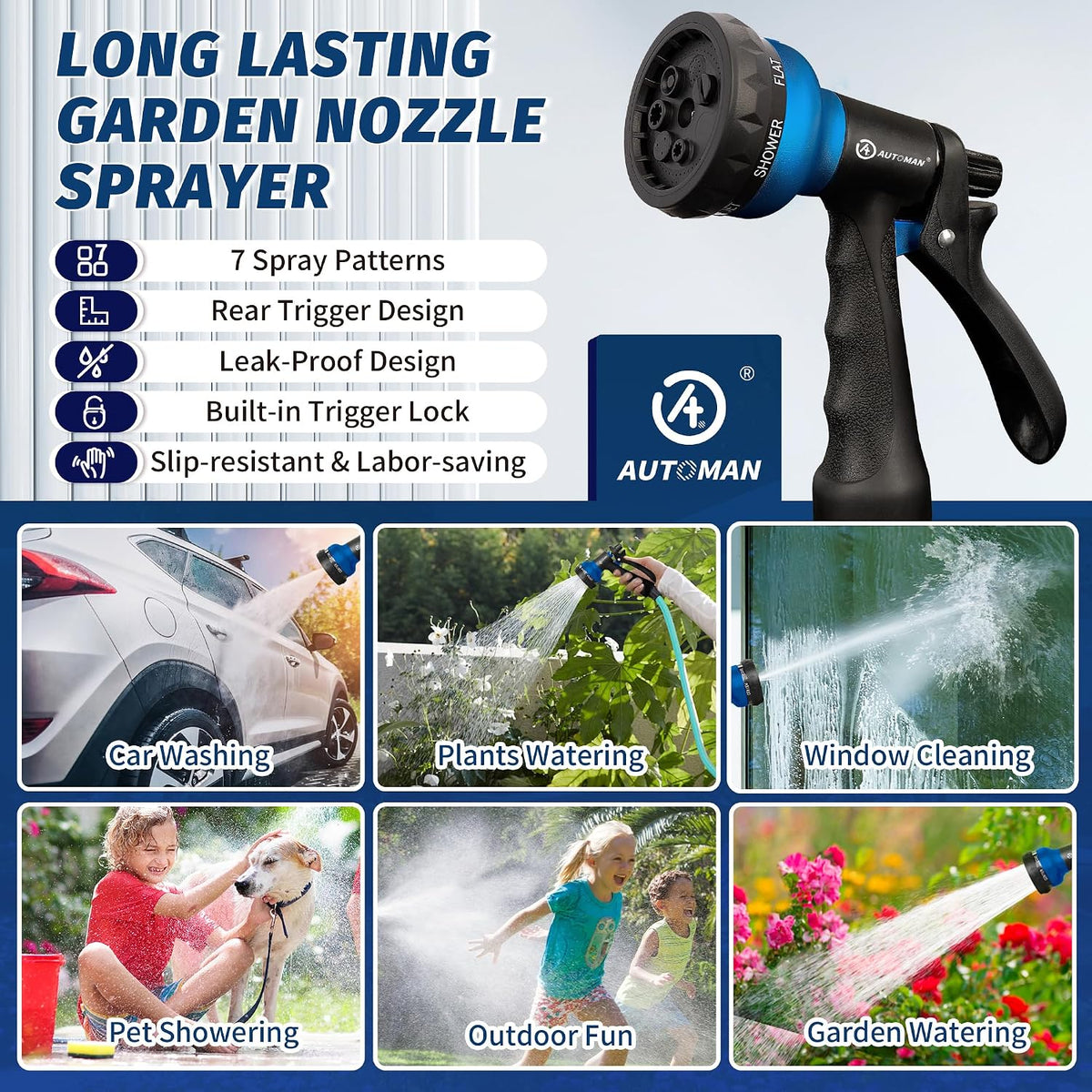 Garden Hose Nozzle 2PK, ABS Water Spray Nozzle with 7 Adjustable Patterns, Slip Resistant for Watering Plants, Lawn, Garden, Washing Cars, Cleaning, Showering Pets & Outdoor Fun