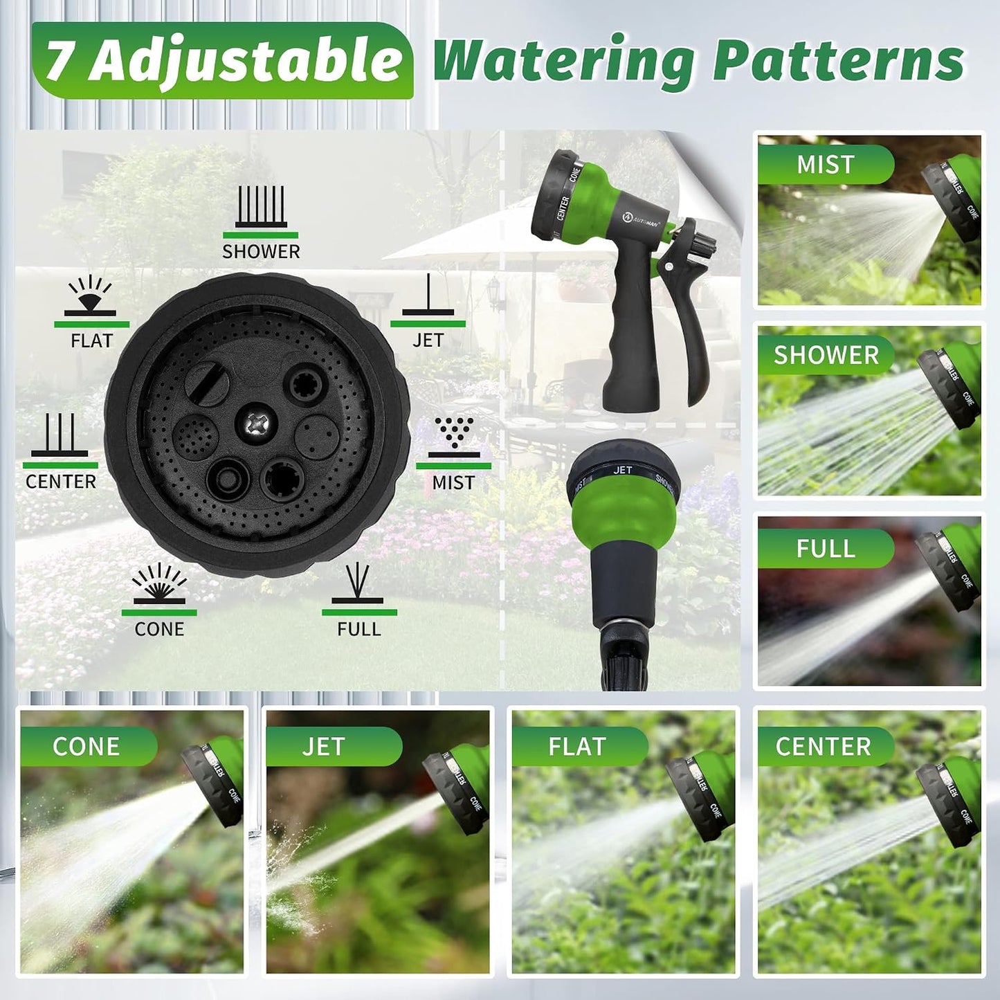 Garden Hose Nozzle 2PK, ABS Water Spray Nozzle with 7 Adjustable Patterns, Slip Resistant for Watering Plants, Lawn, Garden, Washing Cars, Cleaning, Showering Pets & Outdoor Fun