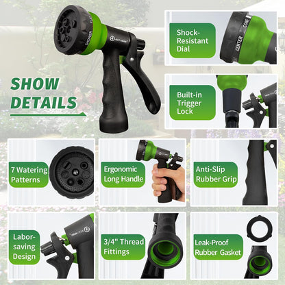 Garden Hose Nozzle 2PK, ABS Water Spray Nozzle with 7 Adjustable Patterns, Slip Resistant for Watering Plants, Lawn, Garden, Washing Cars, Cleaning, Showering Pets & Outdoor Fun
