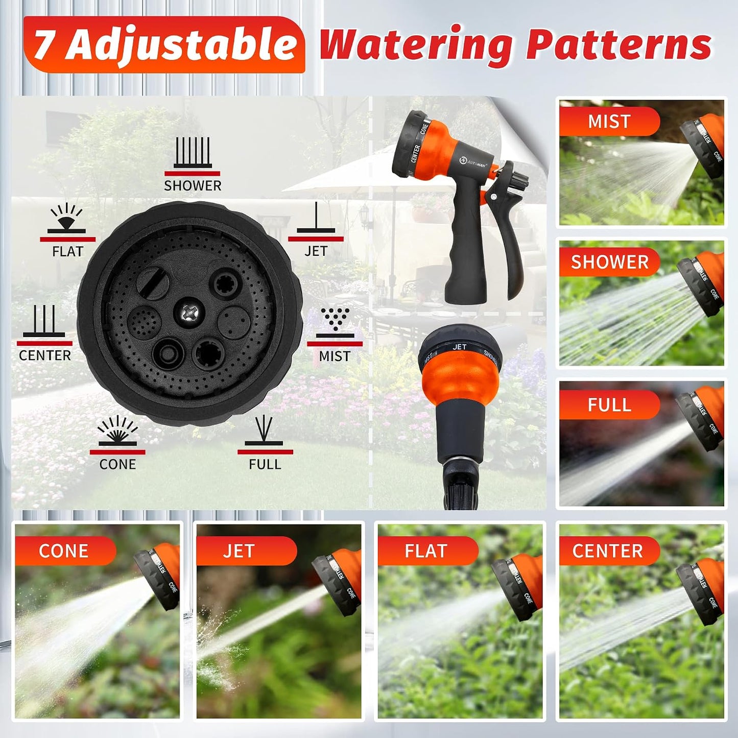 Garden Hose Nozzle 2PK, ABS Water Spray Nozzle with 7 Adjustable Patterns, Slip Resistant for Watering Plants, Lawn, Garden, Washing Cars, Cleaning, Showering Pets & Outdoor Fun