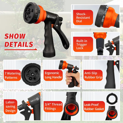 Garden Hose Nozzle 2PK, ABS Water Spray Nozzle with 7 Adjustable Patterns, Slip Resistant for Watering Plants, Lawn, Garden, Washing Cars, Cleaning, Showering Pets & Outdoor Fun