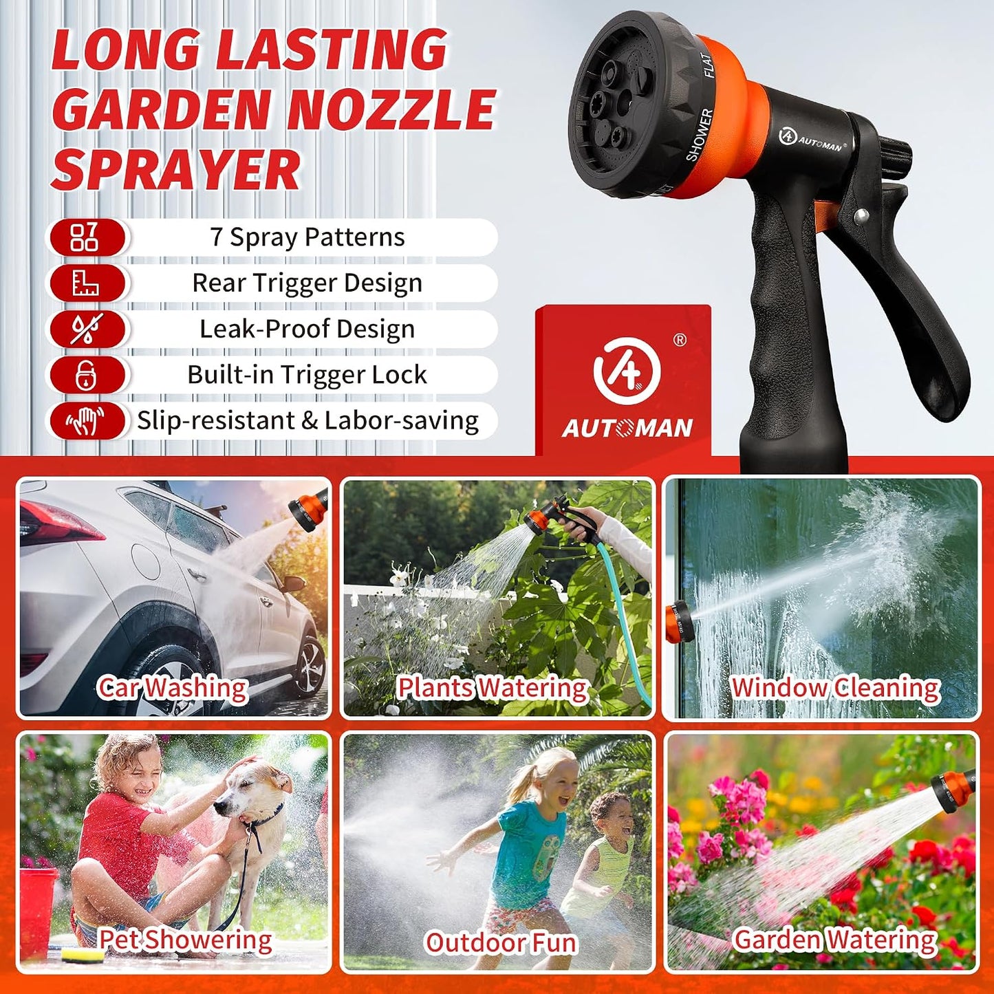 Garden Hose Nozzle 2PK, ABS Water Spray Nozzle with 7 Adjustable Patterns, Slip Resistant for Watering Plants, Lawn, Garden, Washing Cars, Cleaning, Showering Pets & Outdoor Fun